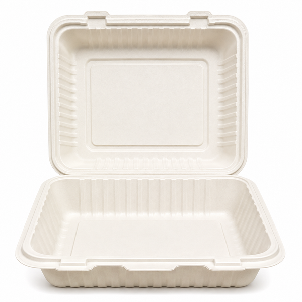 A7- 9x9 White Sugarcane Clamshell Hinged Container 200PCS