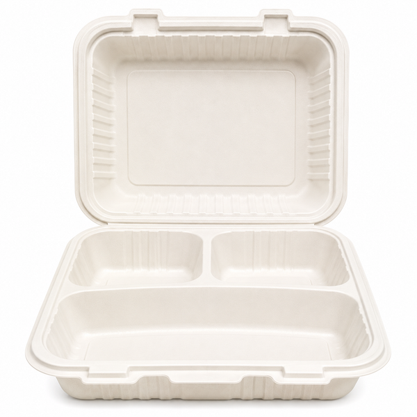 A7 - 8x8 3-Comp Sugarcane Clamshell Hinged Container 200PCS