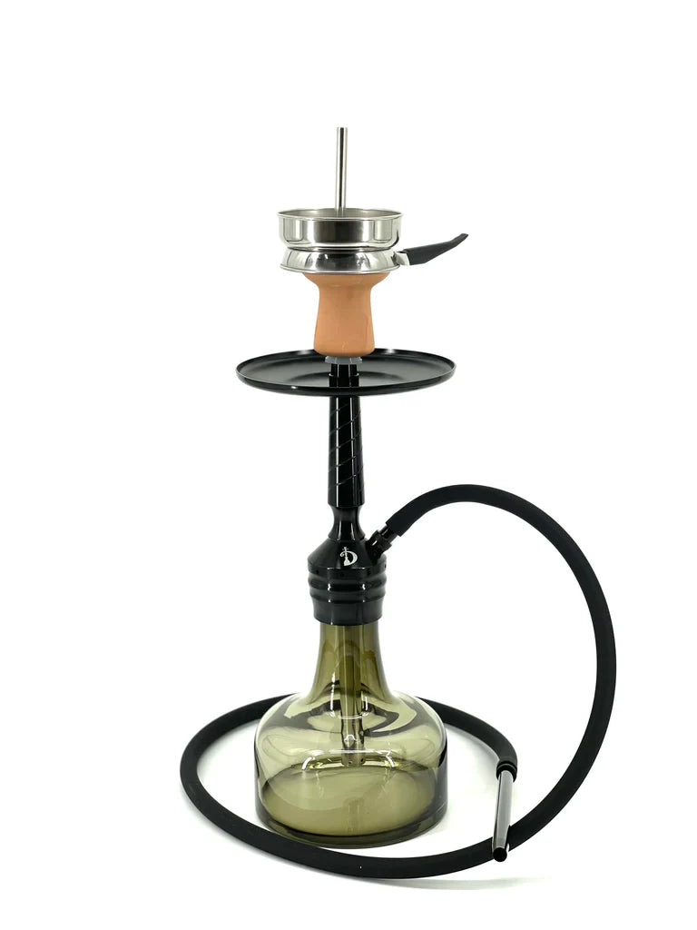 D-Hookah DH14 premium hookah set with glass base, clay bowl, stainless steel stem, and silicone hose – modern black design.