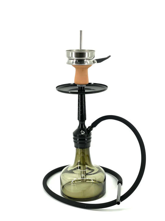 D-Hookah DH14 premium hookah set with glass base, clay bowl, stainless steel stem, and silicone hose – modern black design.