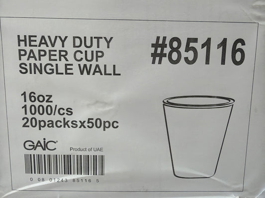 Heavy Duty Paper Cup Single Wall 16oz (1000 pcs 20pk x 50)