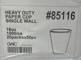 Heavy Duty Paper Cup Single Wall 16oz (1000 pcs 20pk x 50)