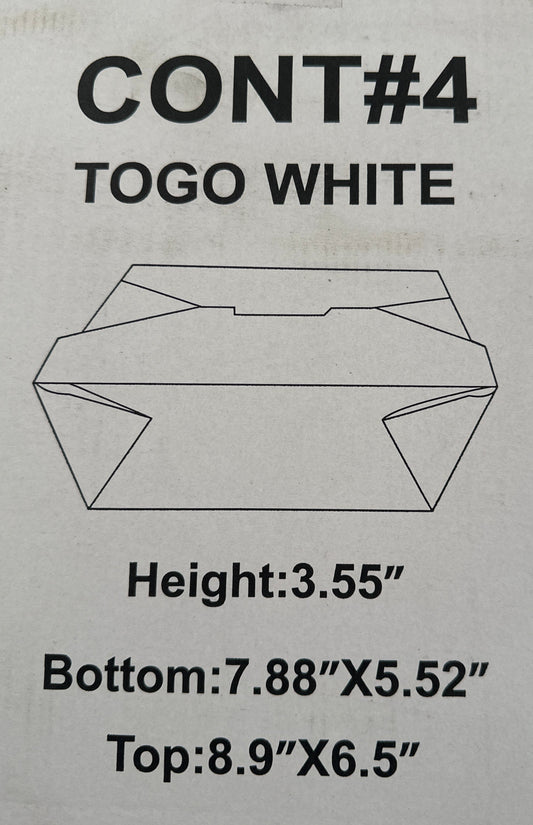 Cont#4 ToGo white 3.55” bottom 7.88” x 5.52” top 8.9” x 6.5” 160 pcs