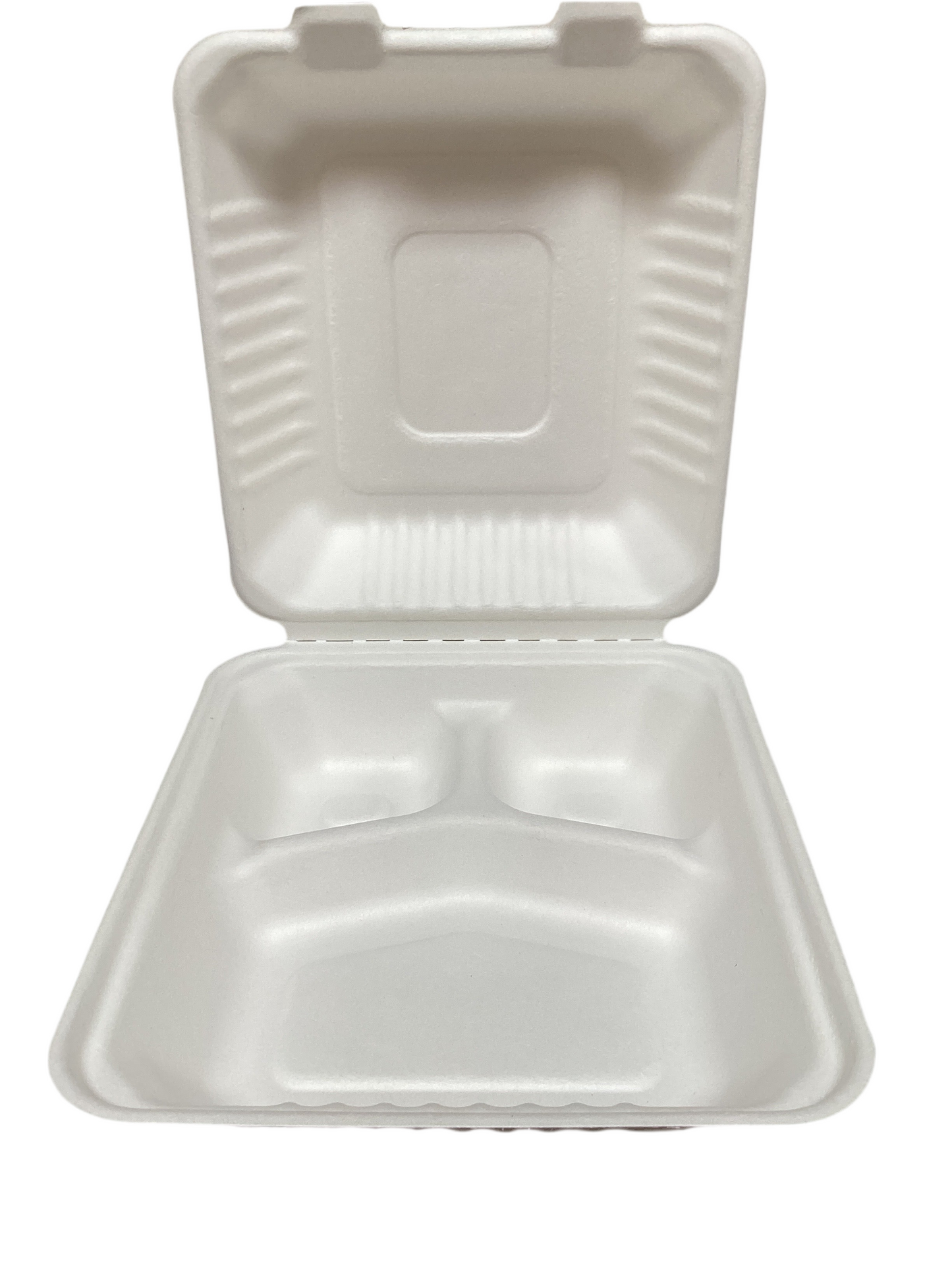 (334) Sugarcane White Hinged container 8x8 3compartment 200pcs/case PFAS FREE