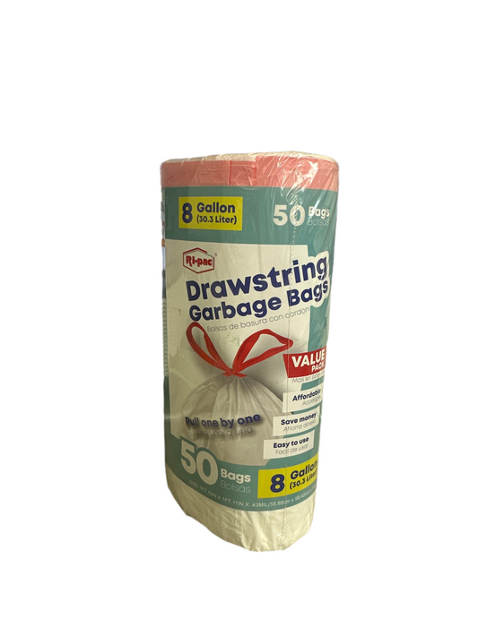 8 Gallon Drawstring Garbage Bags Roll 50 Count White