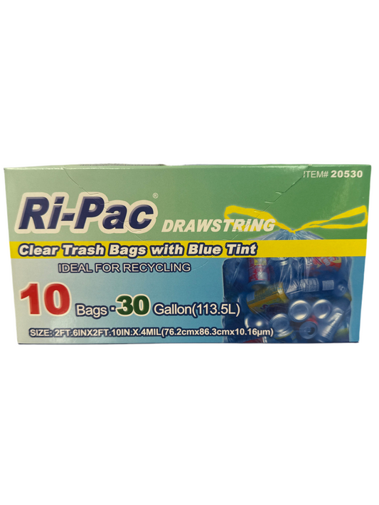 "RI-Pac" Drawstring Clear Blue Tint, 30GL/10CT, Trash Bags