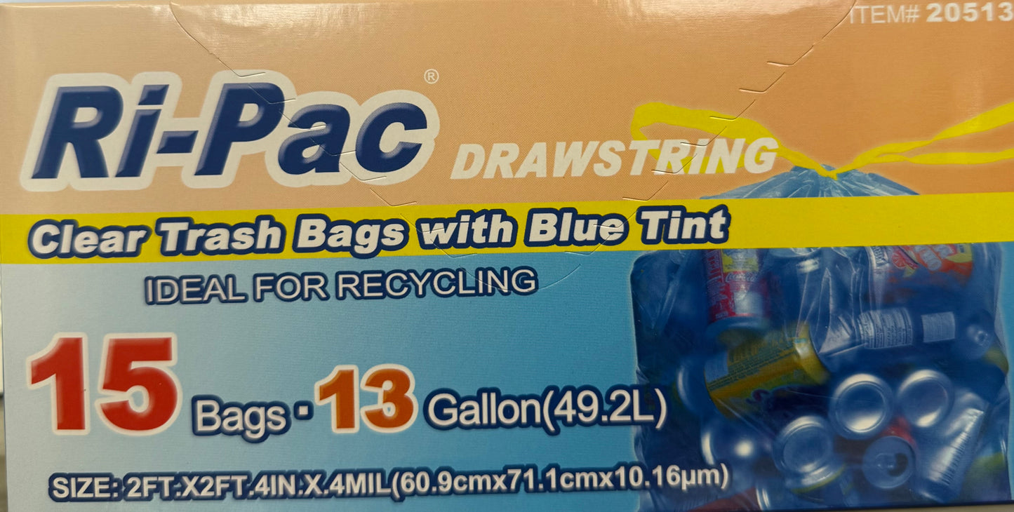 Ri-Pac 13 Gallon Clear Blue Tall Kitchen Bags with Drawstring 15 Count