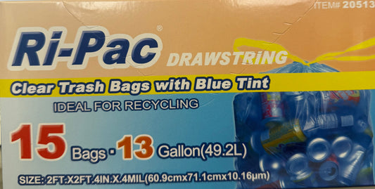 Ri-Pac 13 Gallon Clear Blue Tall Kitchen Bags with Drawstring 15 Count