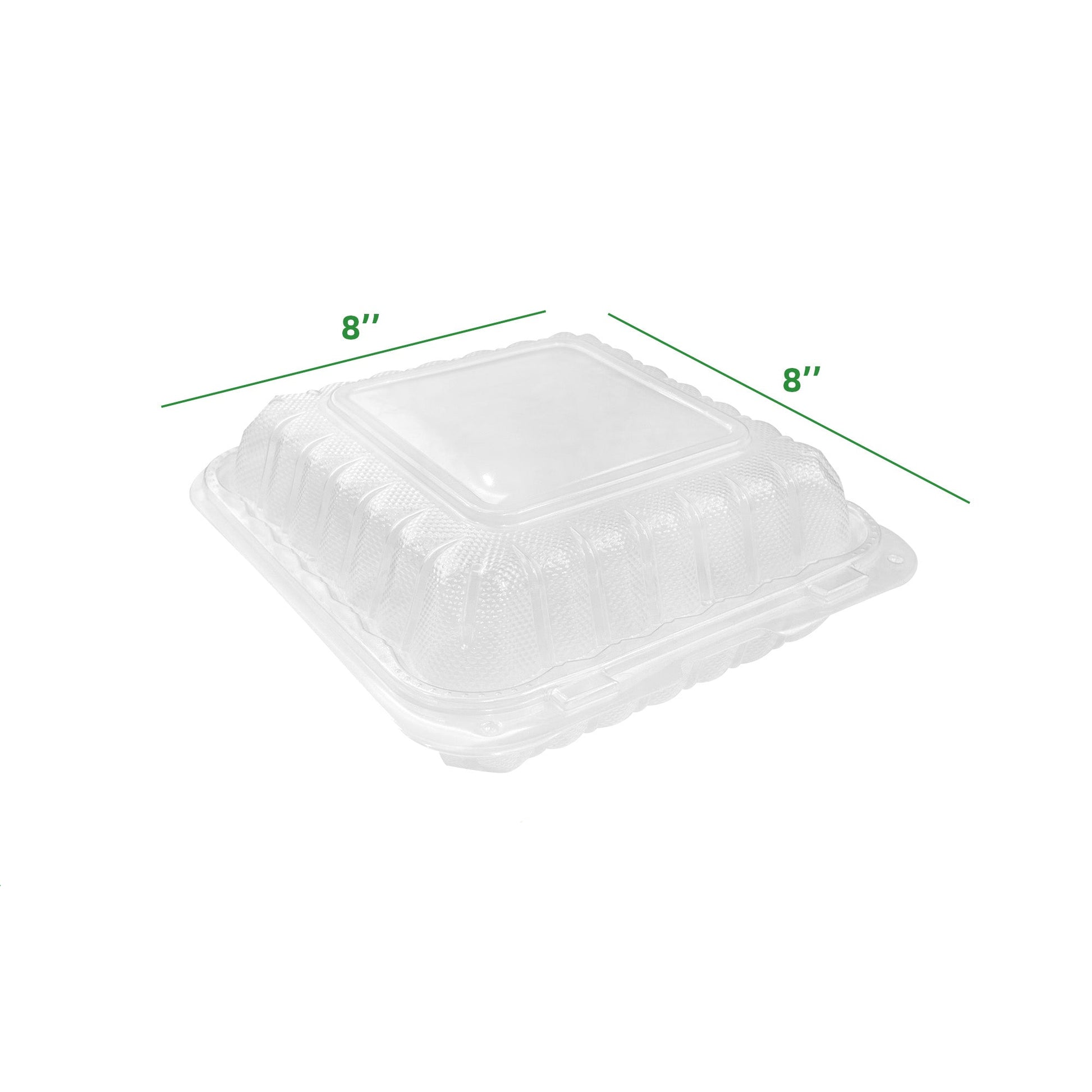 8x8 clear hinged plastic food container with one compartment, bulk 150 per case