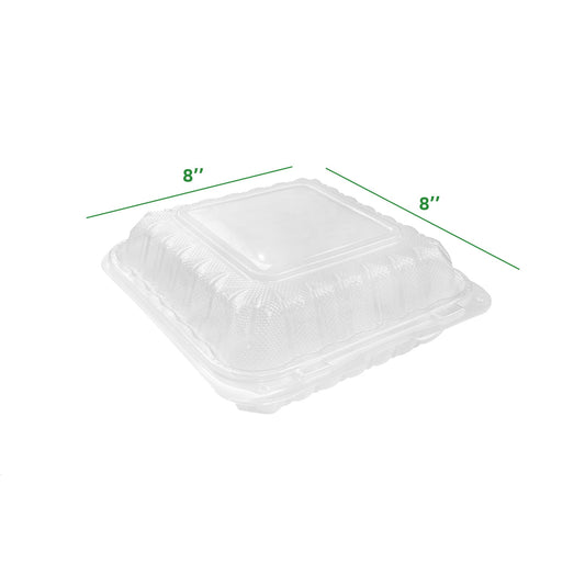 8x8 clear hinged plastic food container with one compartment, bulk 150 per case