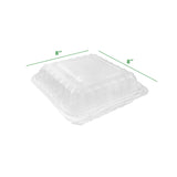 8x8 clear hinged plastic food container with one compartment, bulk 150 per case