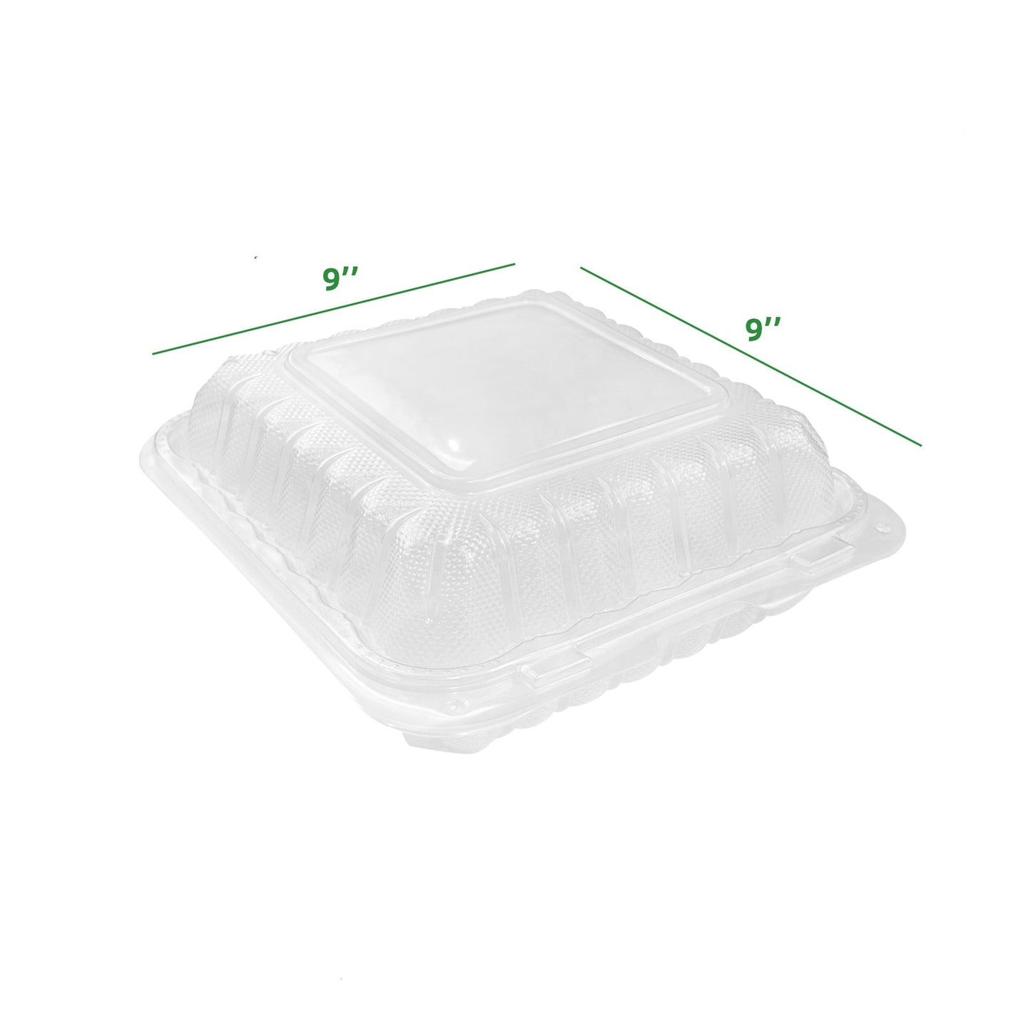9x9 three-compartment clear hinged takeout container – 150 pack food packaging