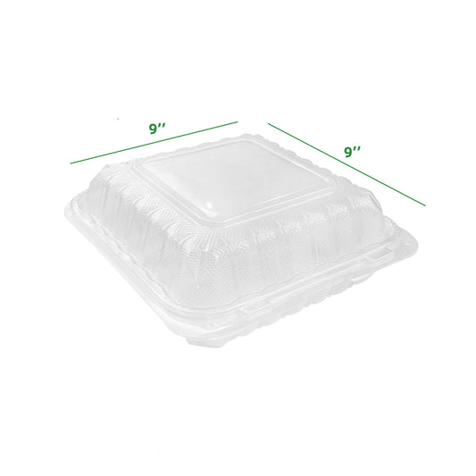 9x9 three-compartment clear hinged takeout container – 150 pack food packaging