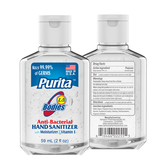 Purita LA Bodies Hand Sanitizer 2 fl oz Bottles – 18 Pack with Vitamin E and Aloe