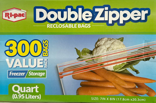 Ri-Pac Quart Size Double Zipper Freezer Storage Bags 7x8 inch, 300 count box – resealable food storage