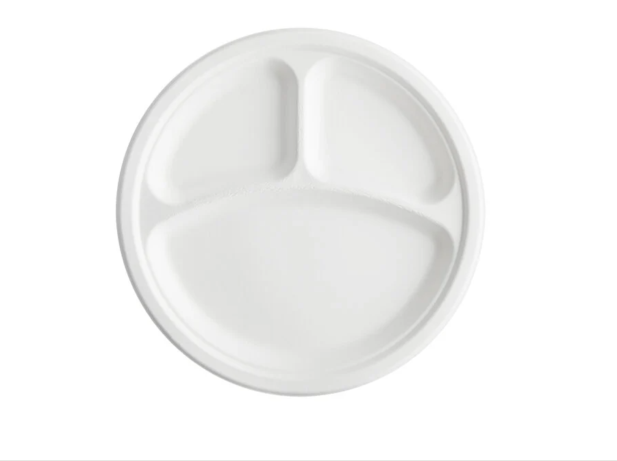 RL1-6 9” Sugarcane Round Plate 3-Comp White 500PC
