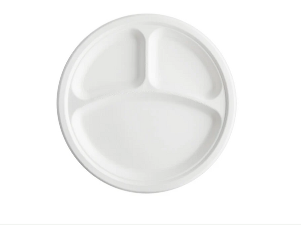 9” Sugarcane Round Plate 3-Comp White 500pcs