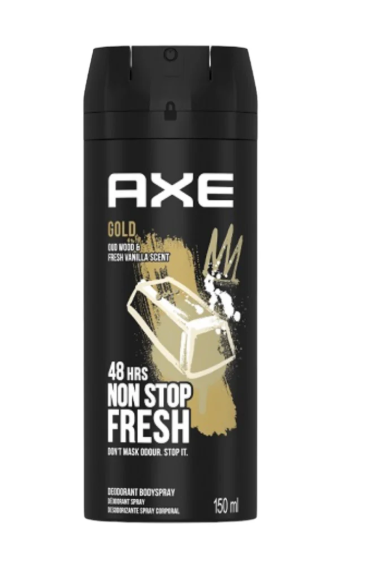 Front view of Axe Gold Body Spray 150 ml can – Pack of 6 men’s deodorant spray