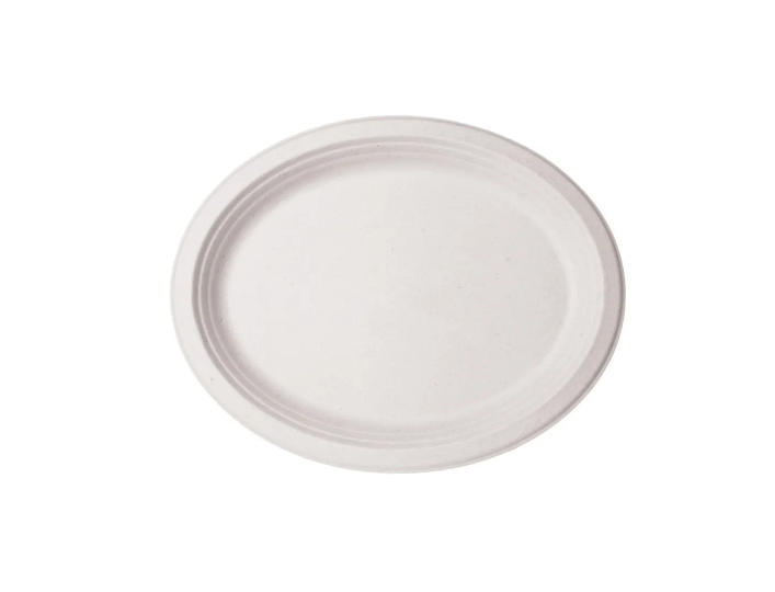 (342) Sugarcane White Oval Plate 10"x12.5" 500pcs/case PFAS FREE