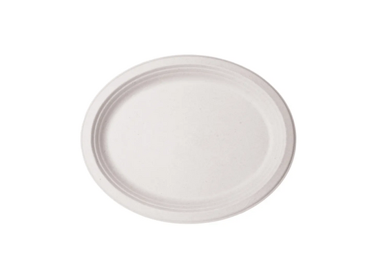 (342) Sugarcane White Oval Plate 10"x12.5" 500pcs/case PFAS FREE