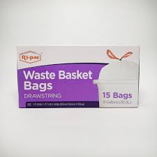 Ri-Pac" Drawstring, 8GL/15CT, Waste Basket Bags, White