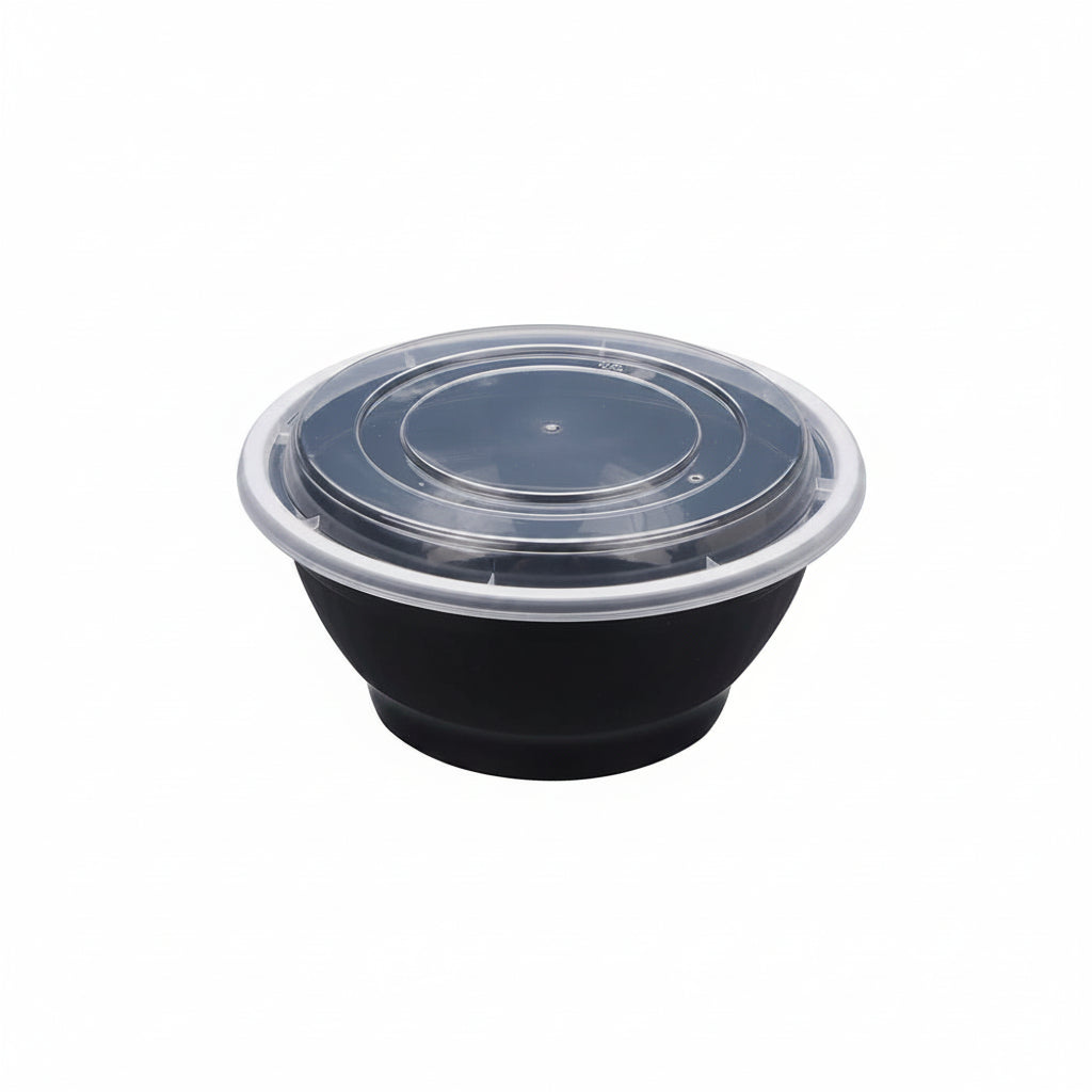 42oz Black Plastic Bowl Food Container With Lid 150 Sets