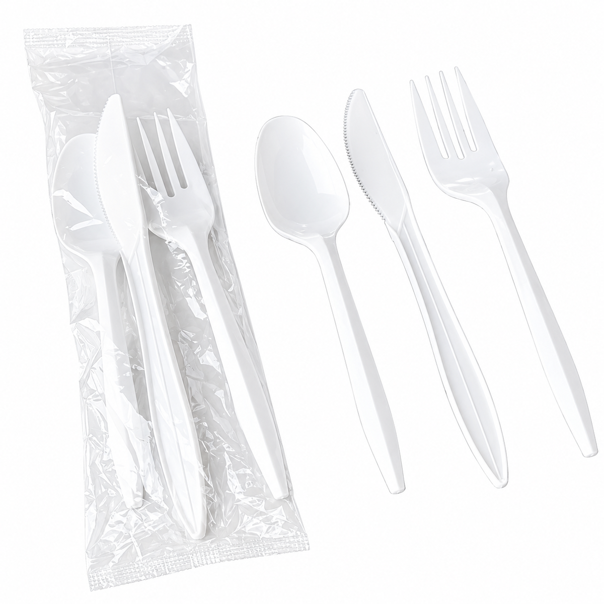 Three-Piece Polystyrene Cutlery Kit Mediumweight Fork/Knife/Spoon Plastic White 250/Carton