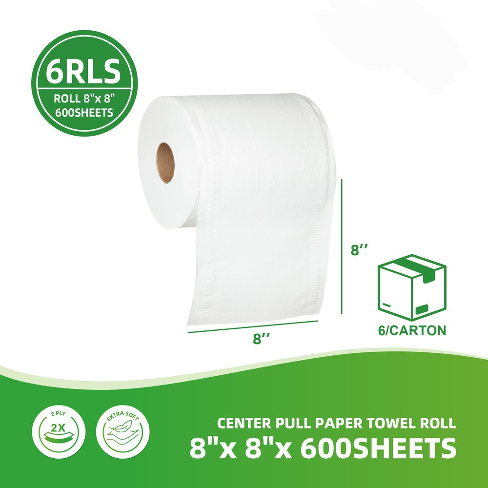 Center Pull Paper Towel Roll 8" x 8" x 600 Sheets - Commercial Restroom & Kitchen Use - 6 Rolls