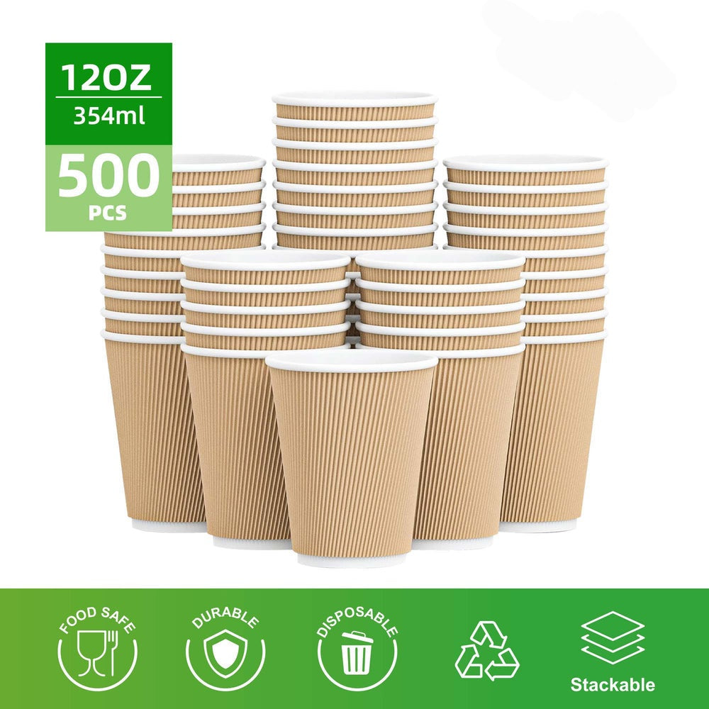 12oz Double Wall Ripple Kraft Paper Hot Cups  500 Count