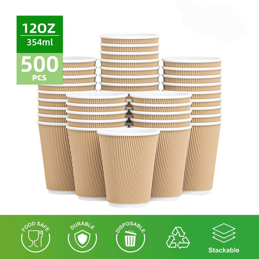 12oz Double Wall Ripple Kraft Paper Hot Cups  500 Count