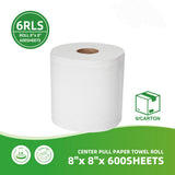 Center Pull Paper Towel Roll 8" x 8" x 600 Sheets - Commercial Restroom & Kitchen Use - 6 Rolls
