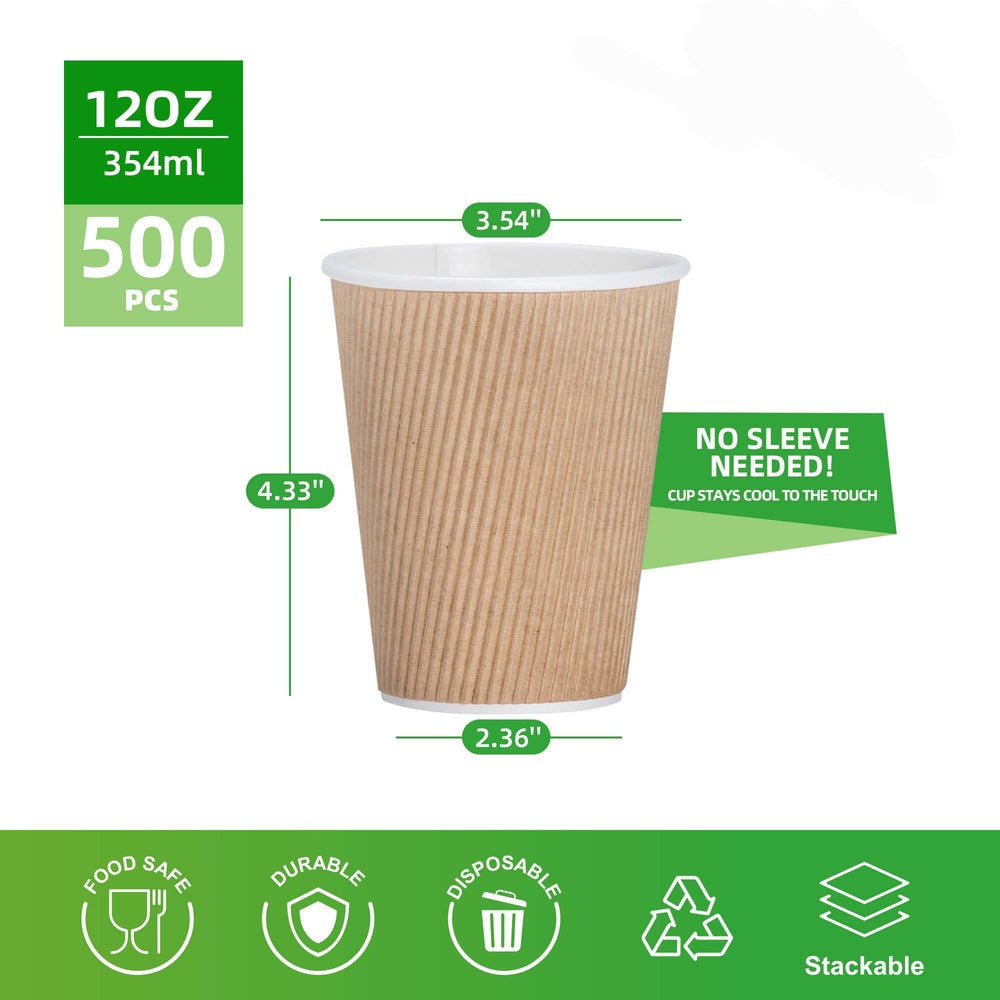 12oz Double Wall Ripple Kraft Paper Hot Cups  500 Count