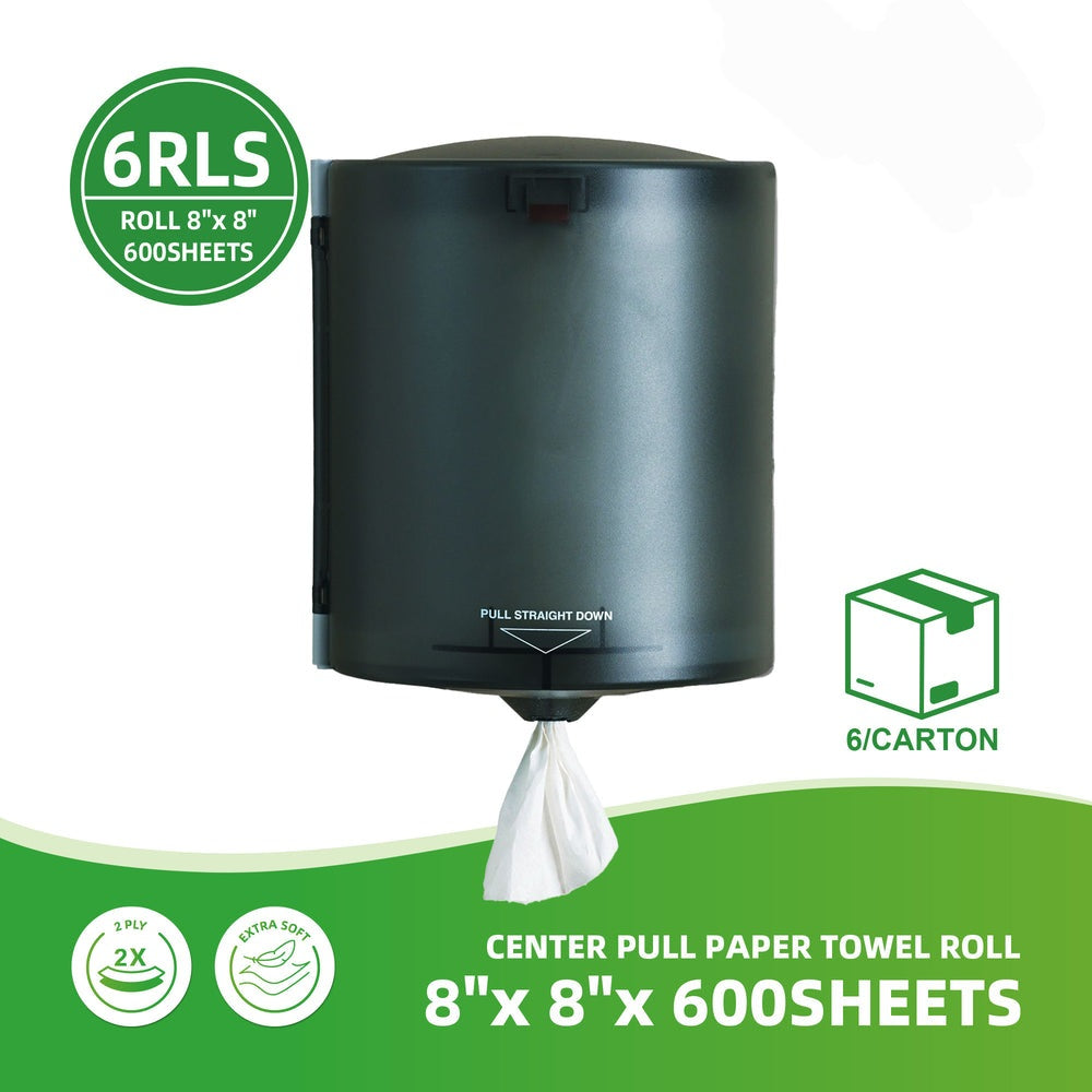 Center Pull Paper Towel Roll 8" x 8" x 600 Sheets - Commercial Restroom & Kitchen Use - 6 Rolls