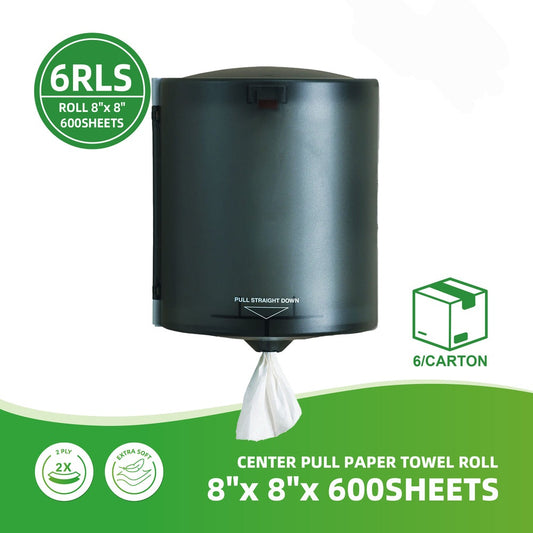 Center Pull Paper Towel Roll 8" x 8" x 600 Sheets - Commercial Restroom & Kitchen Use - 6 Rolls