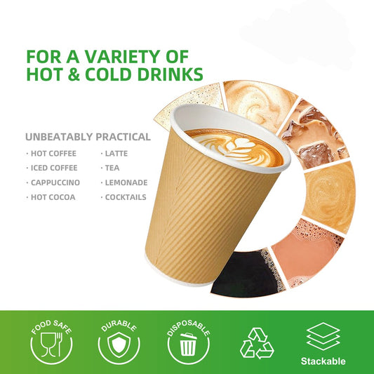 RL4-27 8oz Double Wall Ripple Kraft Paper Hot Cups 500pcs