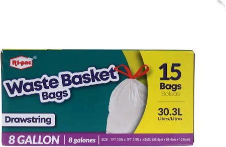 Ri-Pac 8 Gallon White Waste Basket Bags with Drawstring 15 Count